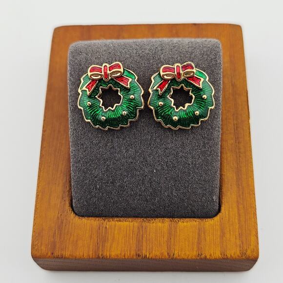 Vintage Christmas Wreath Earrings And Joy Pin Set Holiday Party Traditional New - Picture 1 of 7